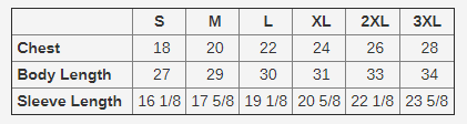 T-Shirt Sizing chart